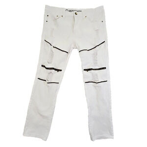 Argonaut Nation Men's White Slim Straight Jeans Size W38 x L32 Distressed Zipper
